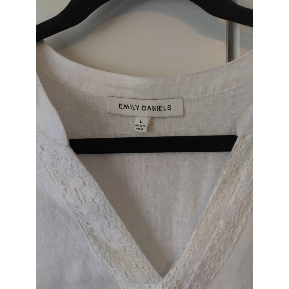 Womens Linen Blend Crochet Detail Tunic Top Size L Coastal Resort Quiet Luxury - Picture 2 of 8